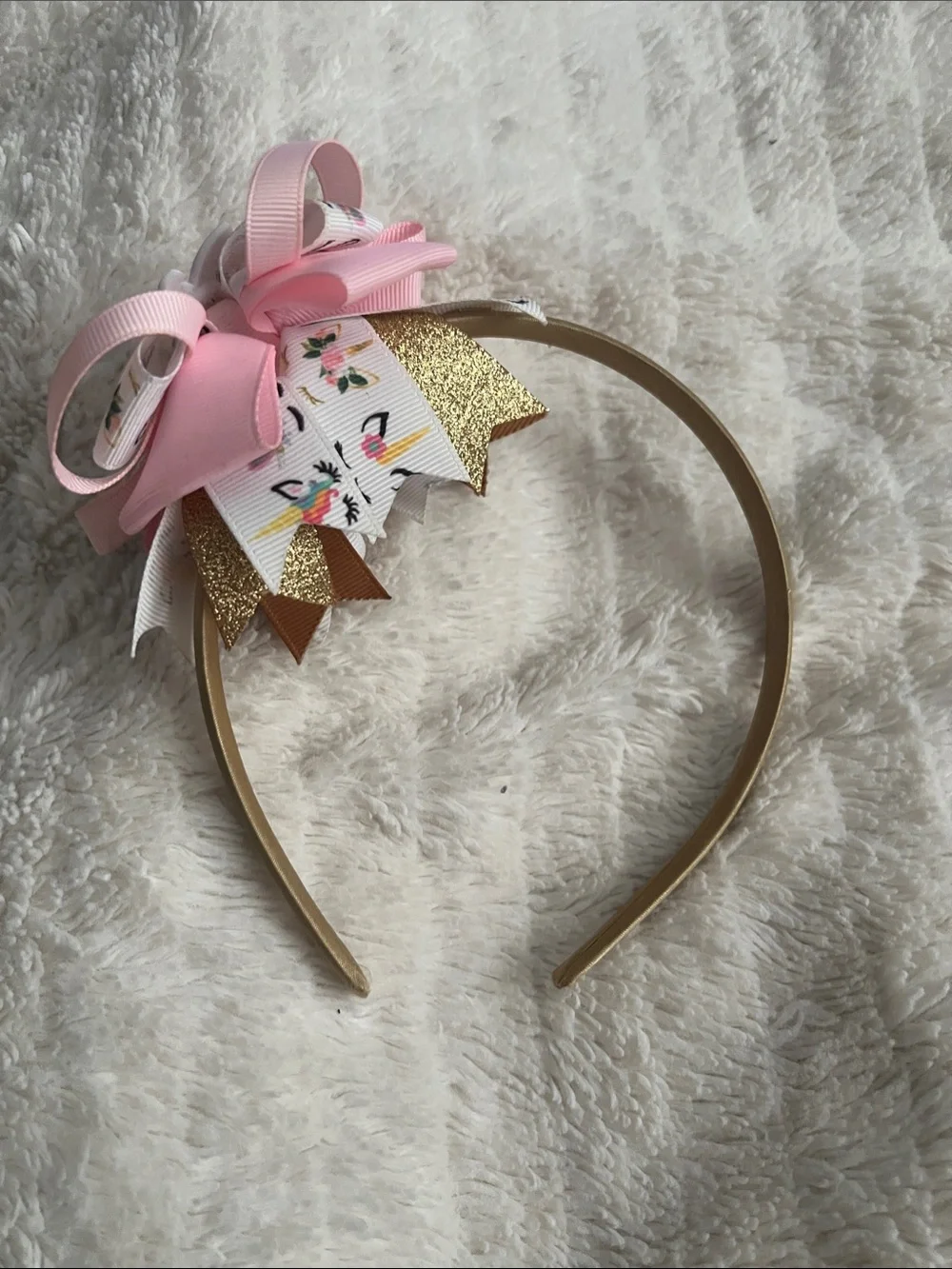 Girls' Gold Headband with Pink Bow and Unicorn Ribbon